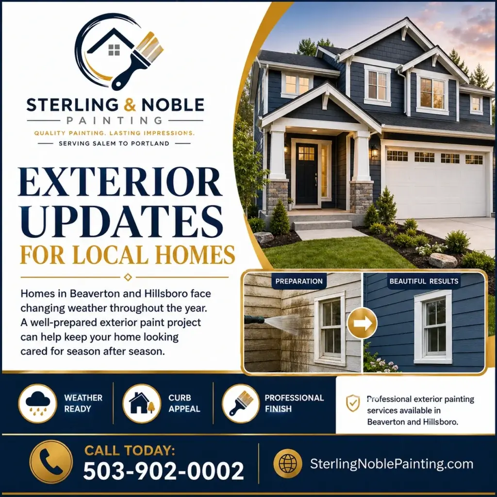 Exterior updates for local homes graphic for Sterling Noble Painting featuring a freshly painted home exterior and preparation-to-results painting example.