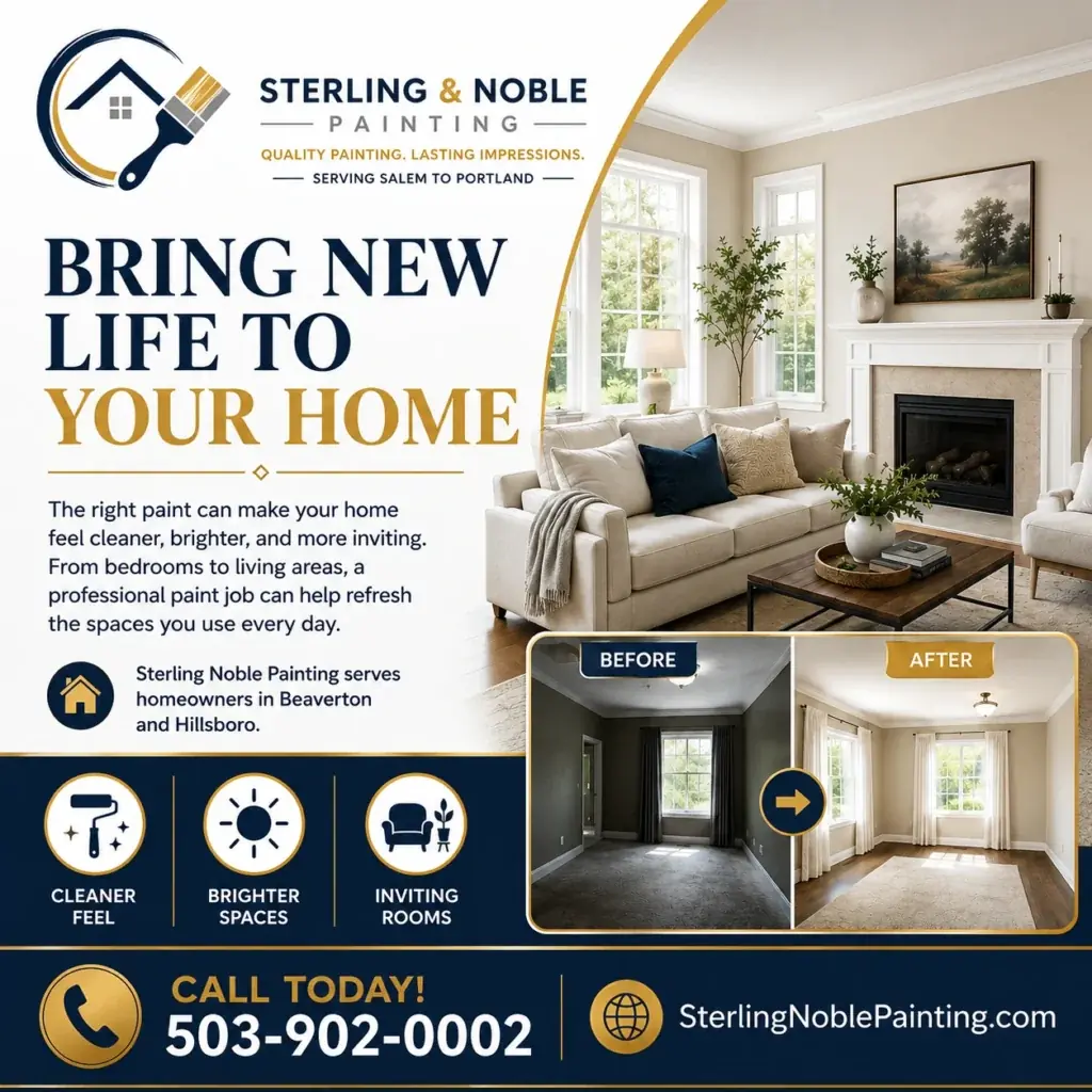 Bring new life to your home graphic for Sterling Noble Painting featuring a refreshed living room, interior painting benefits, and before-and-after room examples.