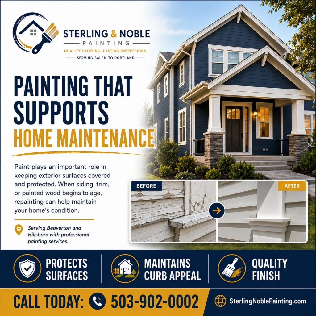 Painting that supports home maintenance graphic for Sterling Noble Painting featuring a freshly painted exterior, peeling paint repair example, and protective painting benefits.