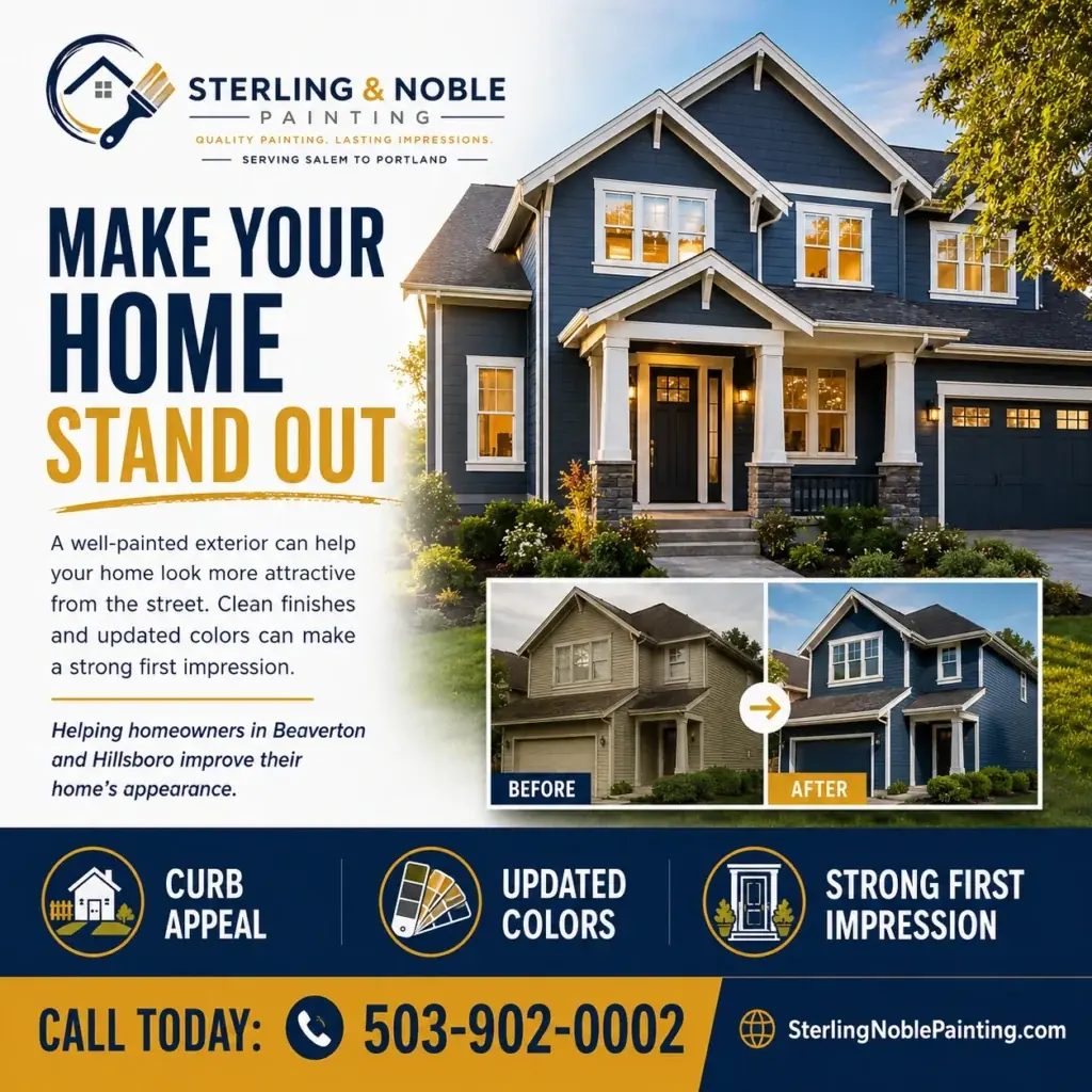 Make your home stand out graphic for Sterling Noble Painting featuring a professionally painted home exterior.