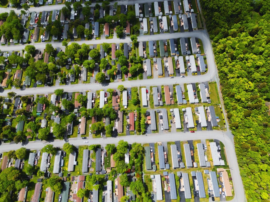 Aerial view of mobile homes in Virginia and North Carolina