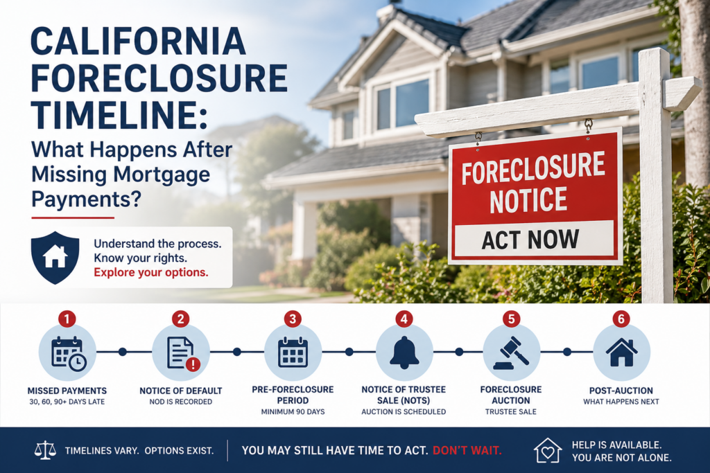 california foreclosure timeline. what happens after missing mortgage payments