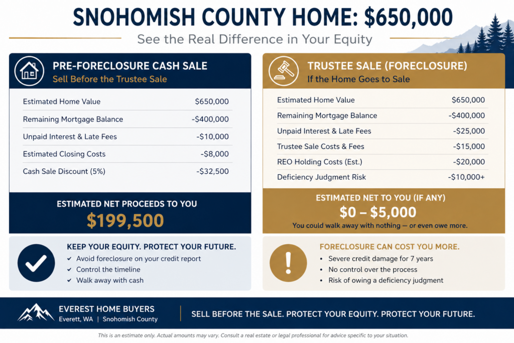 Pre-foreclosure cash sale vs trustee sale equity comparison — Snohomish County WA home value 2026