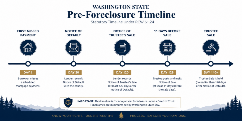 Washington state foreclosure timeline — notice of default to trustee sale deadlines RCW 61.24 Snohomish County