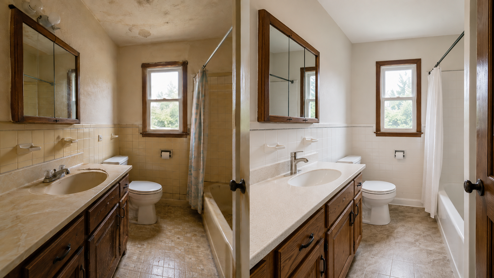 Bathroom before and after pre-listing preparation, showing the same modest space cleaned, repaired and restored without full renovation