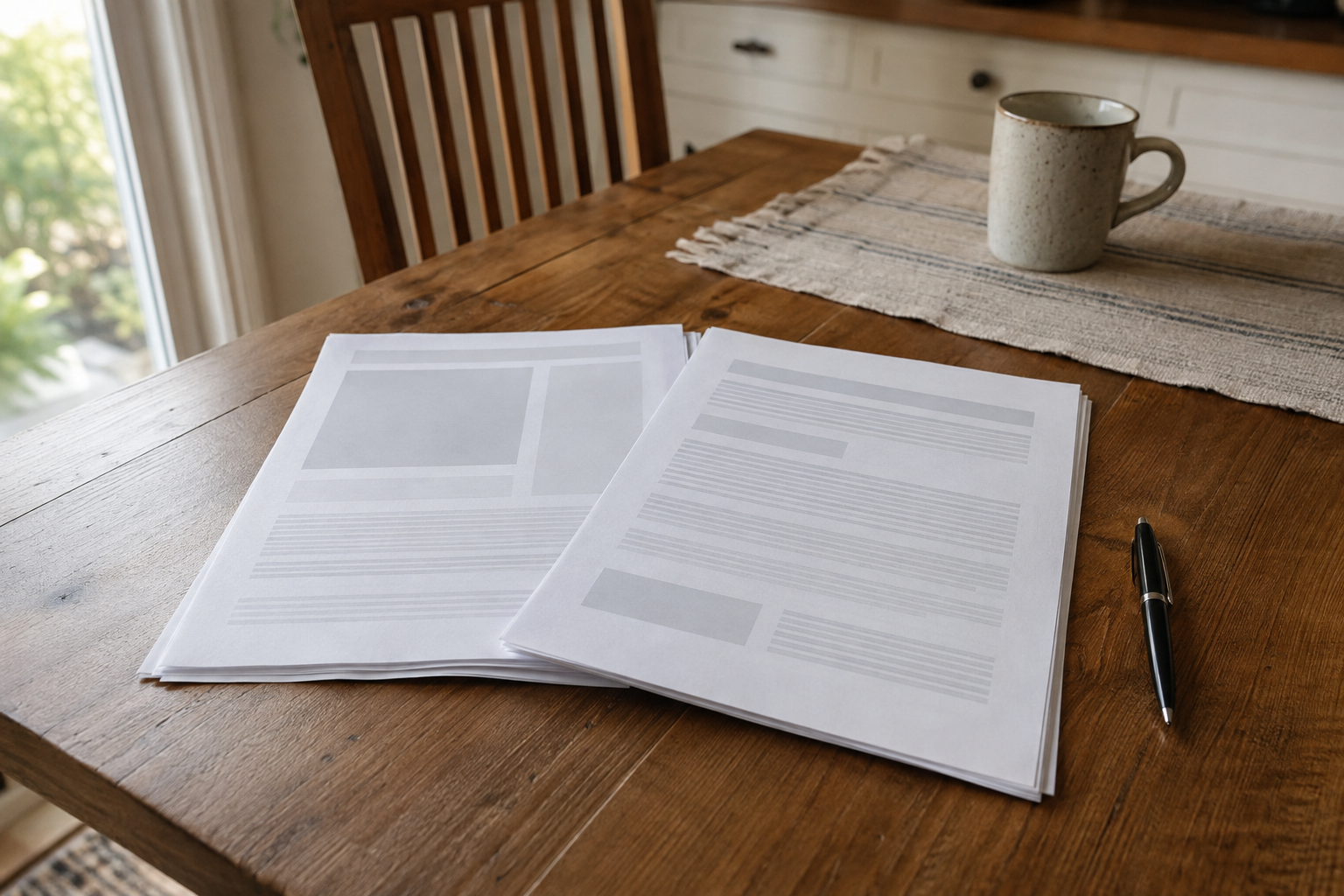 Two printed purchase offers side by side on a kitchen table with a pen