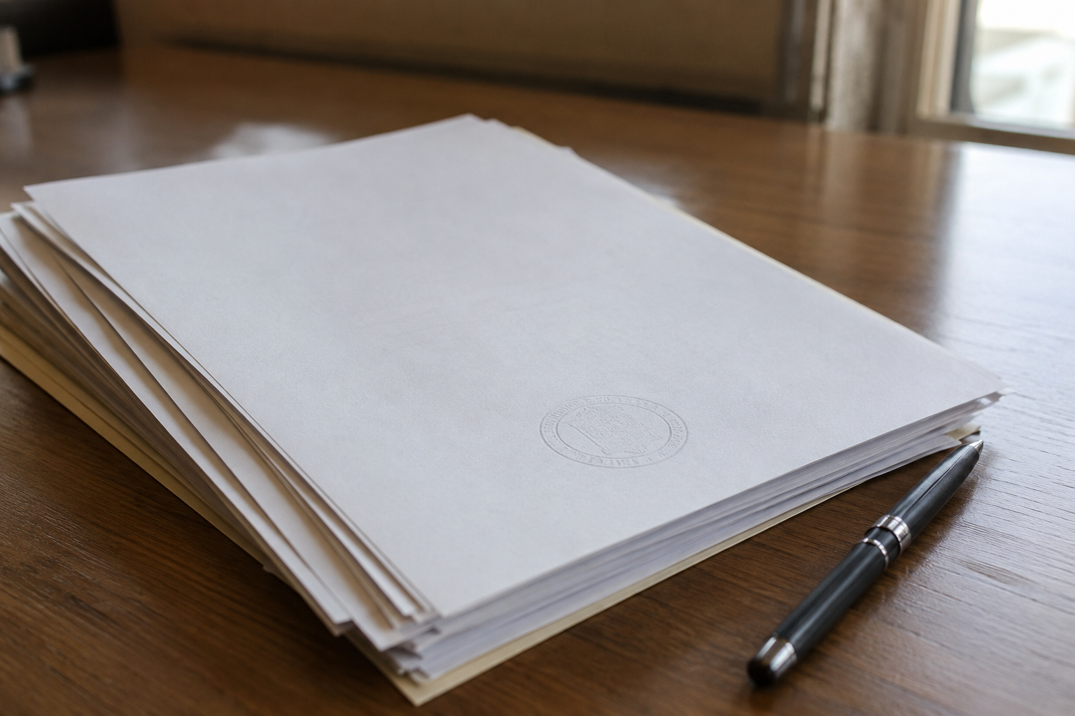 Stack of recorded property documents with an official stamp on a desk