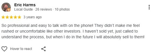 5-star Google review from a Brandon area homeowner who sold their house for cash to SellHouseCashSask