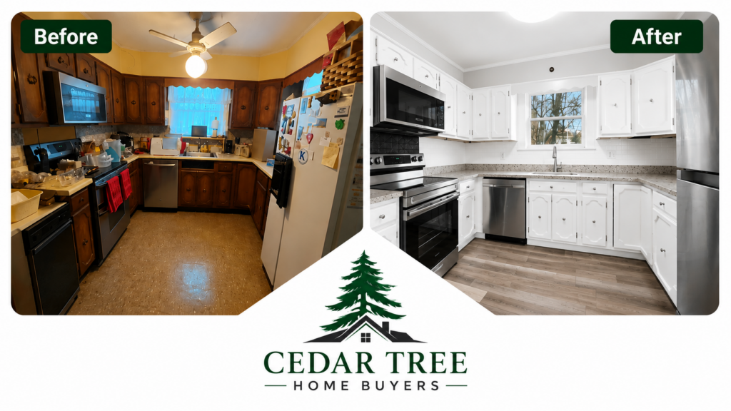 Before and after kitchen renovation showing how Cedar Tree Home Buyers helps homeowners sell houses in any condition.