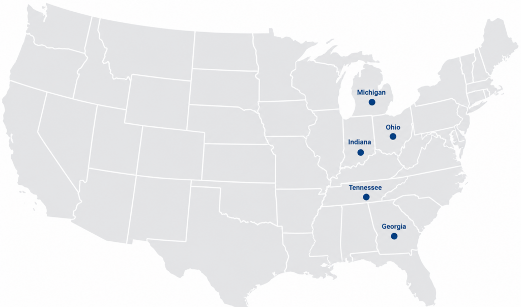 Cedar Tree Home Buyers service area map across Michigan, Ohio, Indiana, Tennessee, and Georgia