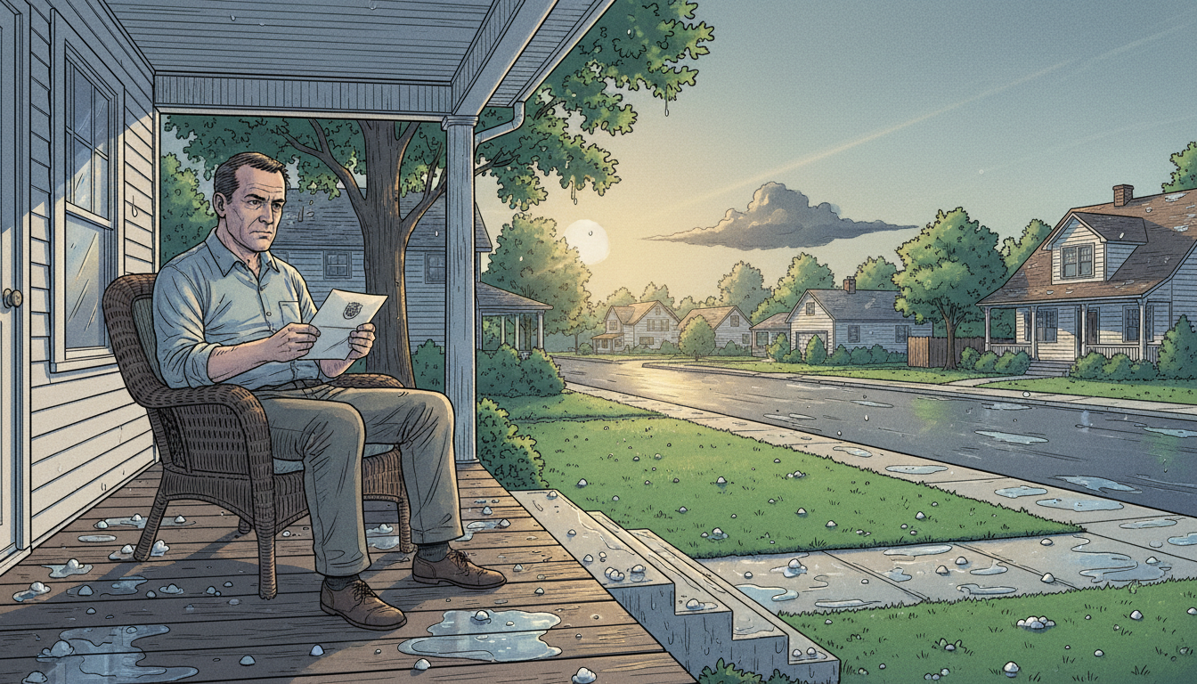 Homeowner reading an insurance letter on the porch as a storm passes
