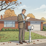 Homeowner reading a property tax notice at his mailbox in autumn