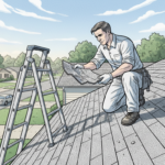 Roofer inspecting worn shingles on an Alabama ranch house