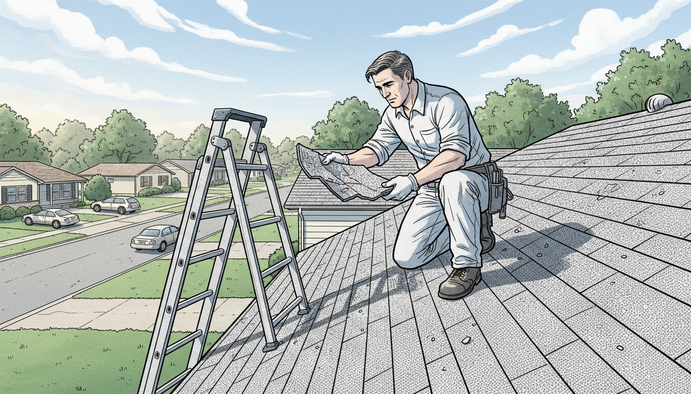 Roofer inspecting shingles on a sunny Alabama ranch house