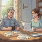 Couple reviewing property tax paperwork at their kitchen table
