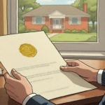 Hands holding a property deed with a house visible through the window