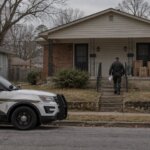 Sheriff SUV parked in front of a modest Birmingham rental duplex with a deputy walking up the front steps