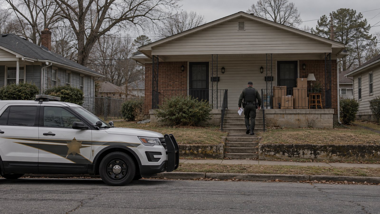 Sheriff SUV parked in front of a modest Birmingham rental duplex with a deputy walking up the front steps