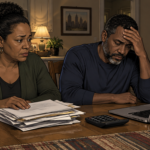 Birmingham couple at a kitchen table with mortgage paperwork as a press conference plays on TV