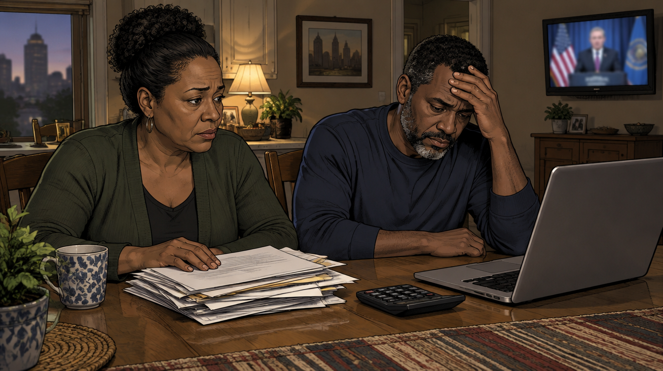Birmingham couple at a kitchen table with mortgage paperwork as a press conference plays on TV