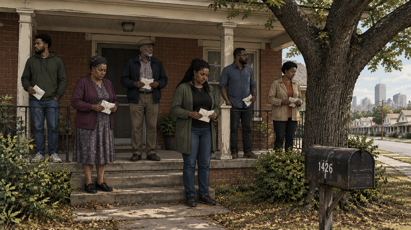 Six relatives standing on the porch of an inherited brick house in Birmingham, each holding paperwork