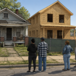 Aging 1950s house beside a newly framed home under construction in a Birmingham neighborhood