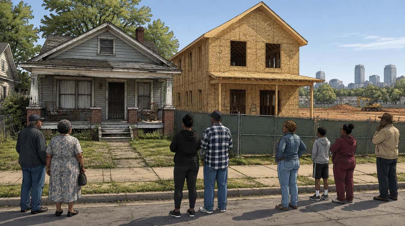 Aging 1950s house beside a newly framed home under construction in a Birmingham neighborhood