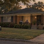 Older couple on the porch of a modest brick ranch house in Birmingham with a mailbox at the curb