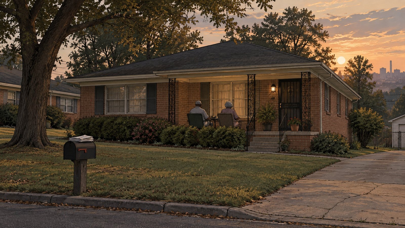 Older couple on the porch of a modest brick ranch house in Birmingham with a mailbox at the curb