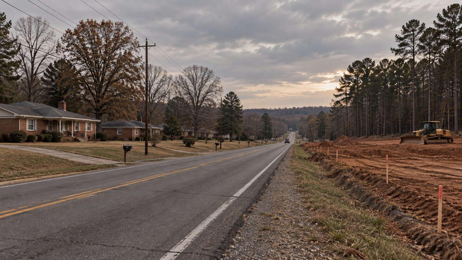 Two-lane highway corridor in north Jefferson County with ranch houses on one side and a cleared construction site on the other