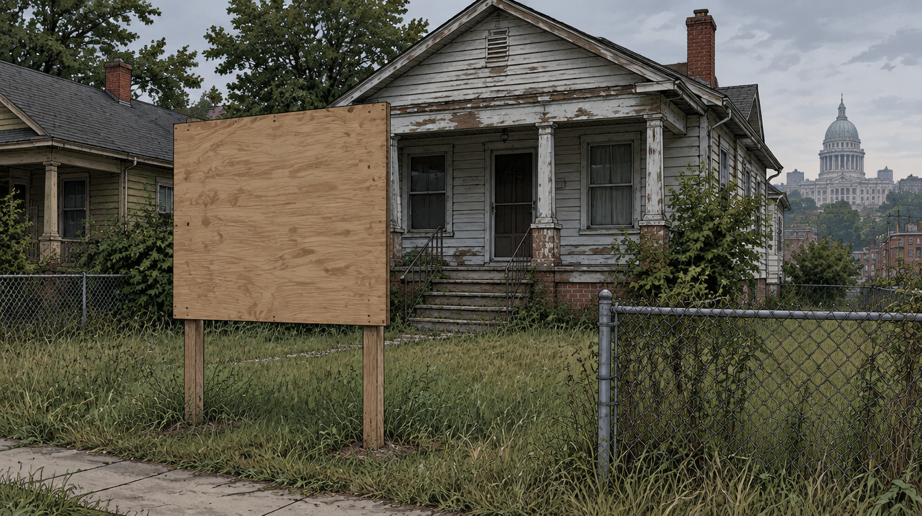 Tax-delinquent house in Birmingham with a large notice board posted in the front yard