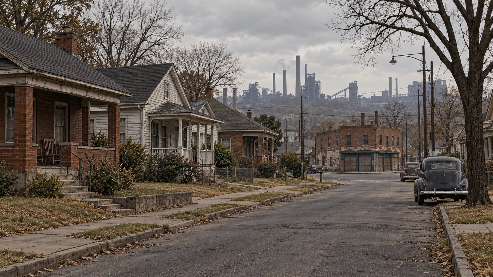 Quiet residential street in Ensley, Birmingham, with older brick houses and an industrial skyline behind