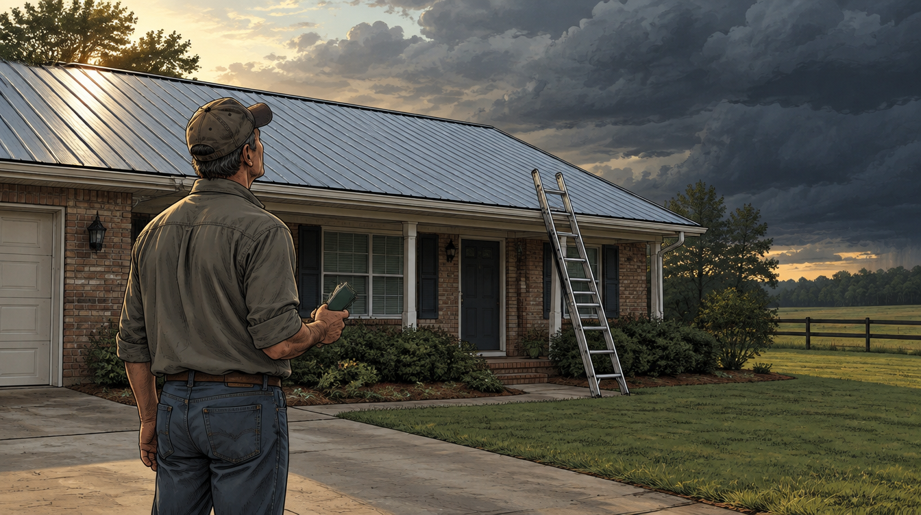Alabama homeowner looking up at a new metal roof as storm clouds gather
