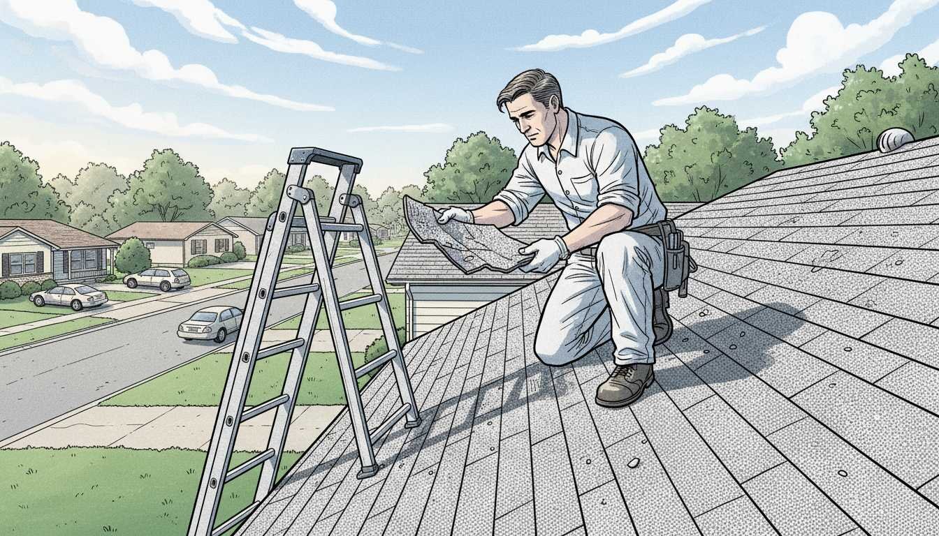 Roofer inspecting shingles on a sunny Alabama ranch house