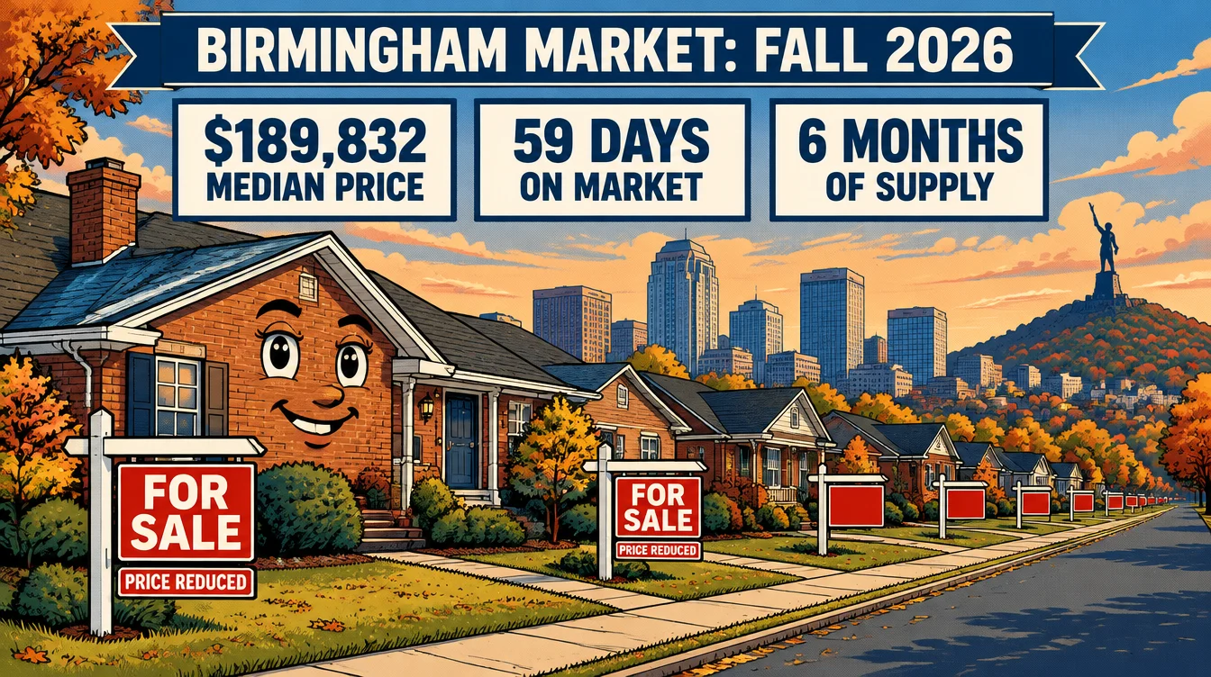 Birmingham housing market update fall 2026 infographic: $189,832 median price, 59 days on market, 6 months of supply
