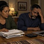 Birmingham couple at a kitchen table with mortgage paperwork as a press conference plays on TV