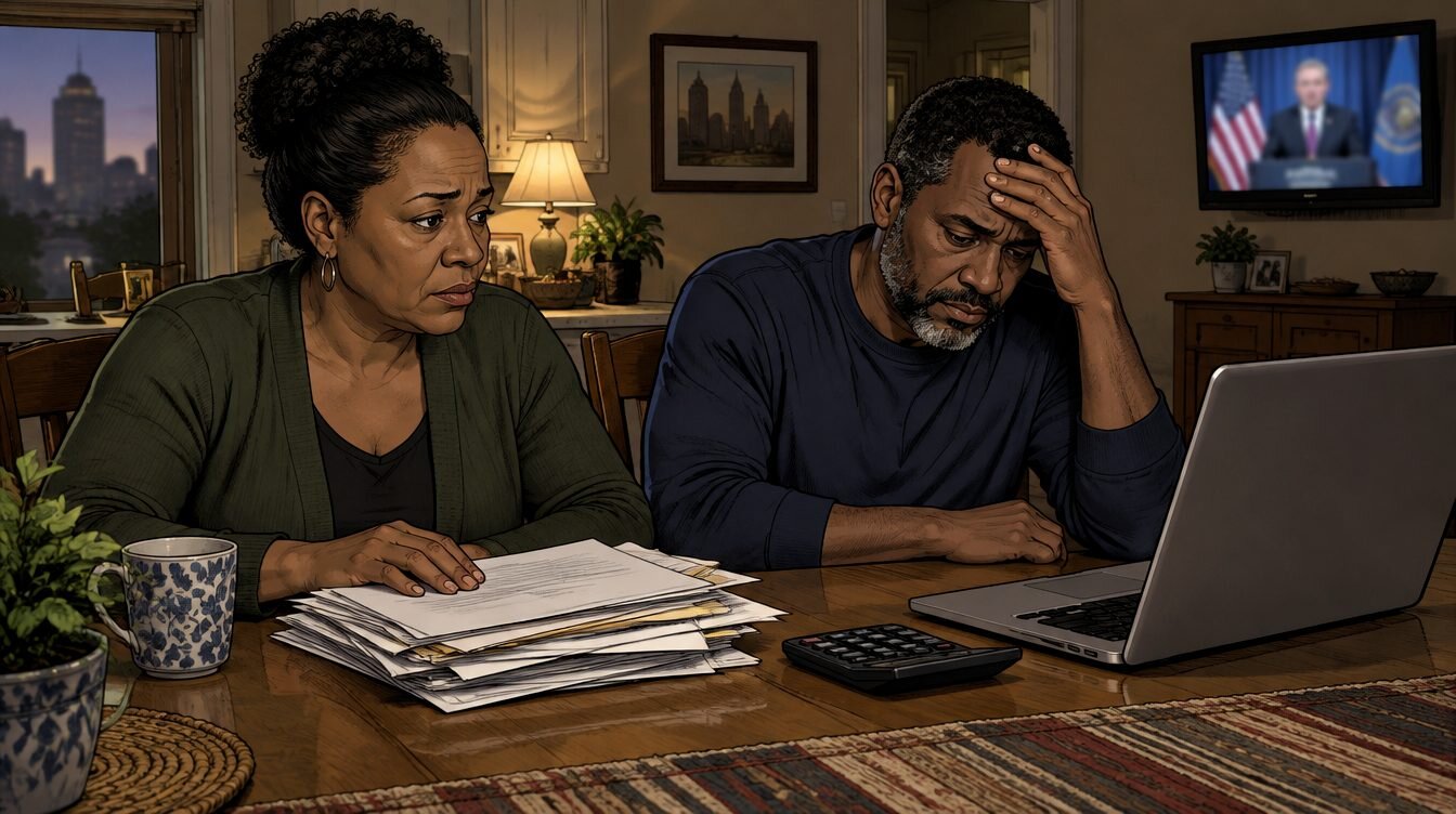 Birmingham couple at a kitchen table with mortgage paperwork as a press conference plays on TV