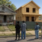 Aging 1950s house beside a newly framed home under construction in a Birmingham neighborhood