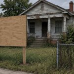 Tax-delinquent house in Birmingham with a large notice board posted in the front yard