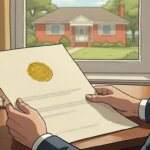 Hands holding a property deed with a house visible through the window