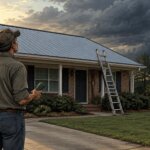 Alabama homeowner looking up at a new metal roof as storm clouds gather