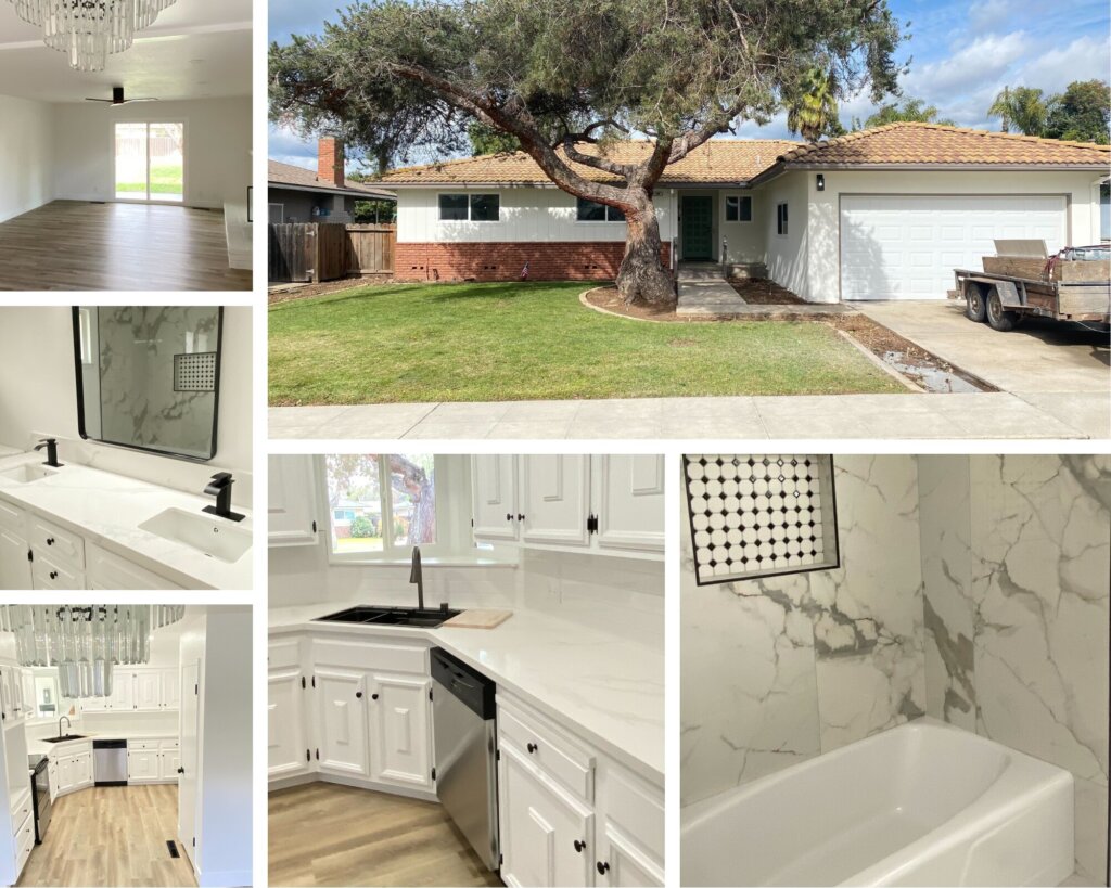 Fresno ranch house after renovation by Infinite Cash Home Buyers, with new kitchen, bathroom, and flooring