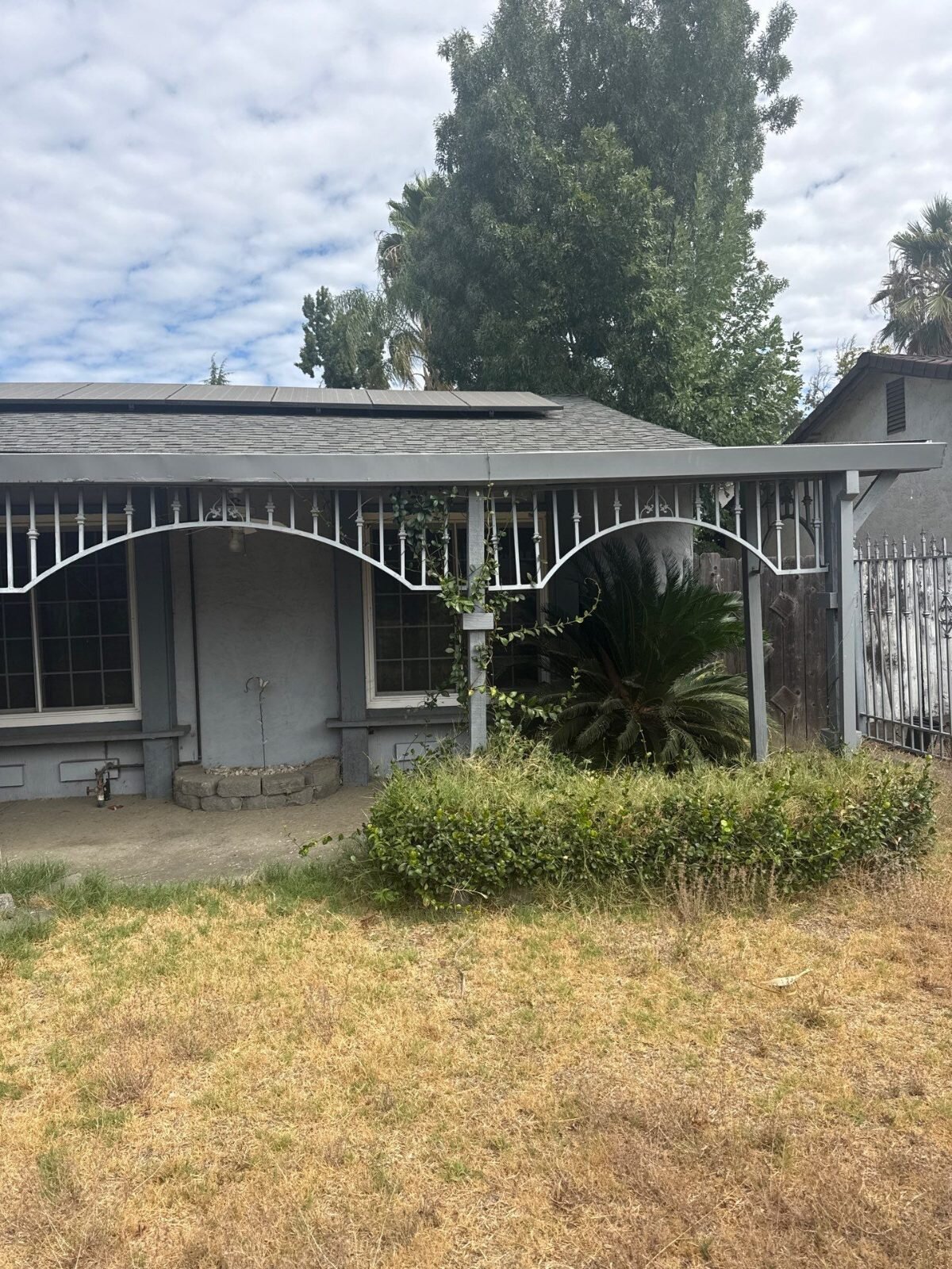 Stockton house with an overgrown front yard, the kind of house we buy as-is