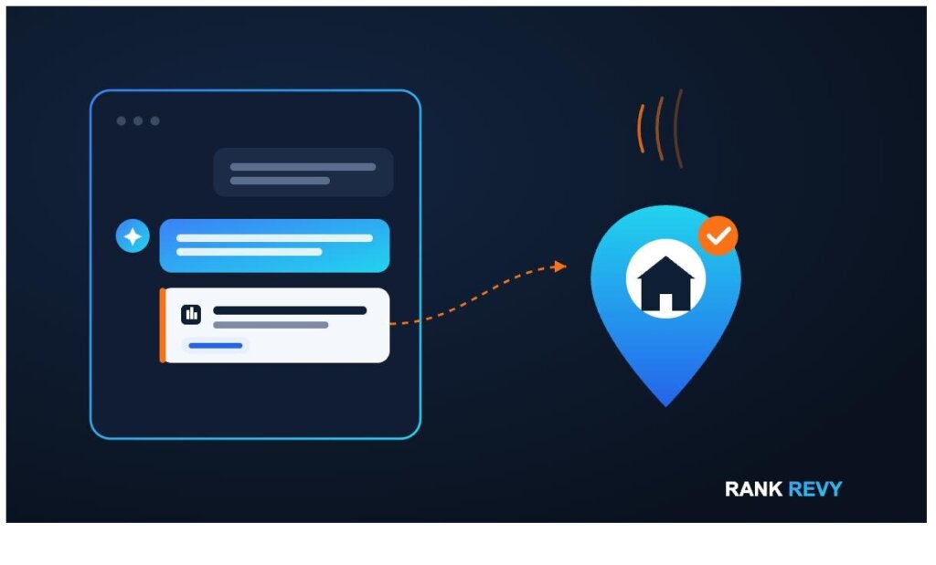 Local service business shown being discovered and recommended through an AI search assistant, illustrating AI search visibility for Rank Revy
