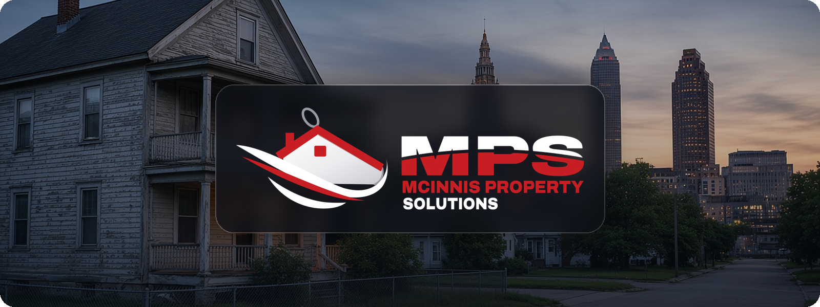 McInnis Property Solutions logo over an older Cleveland house and skyline at dusk