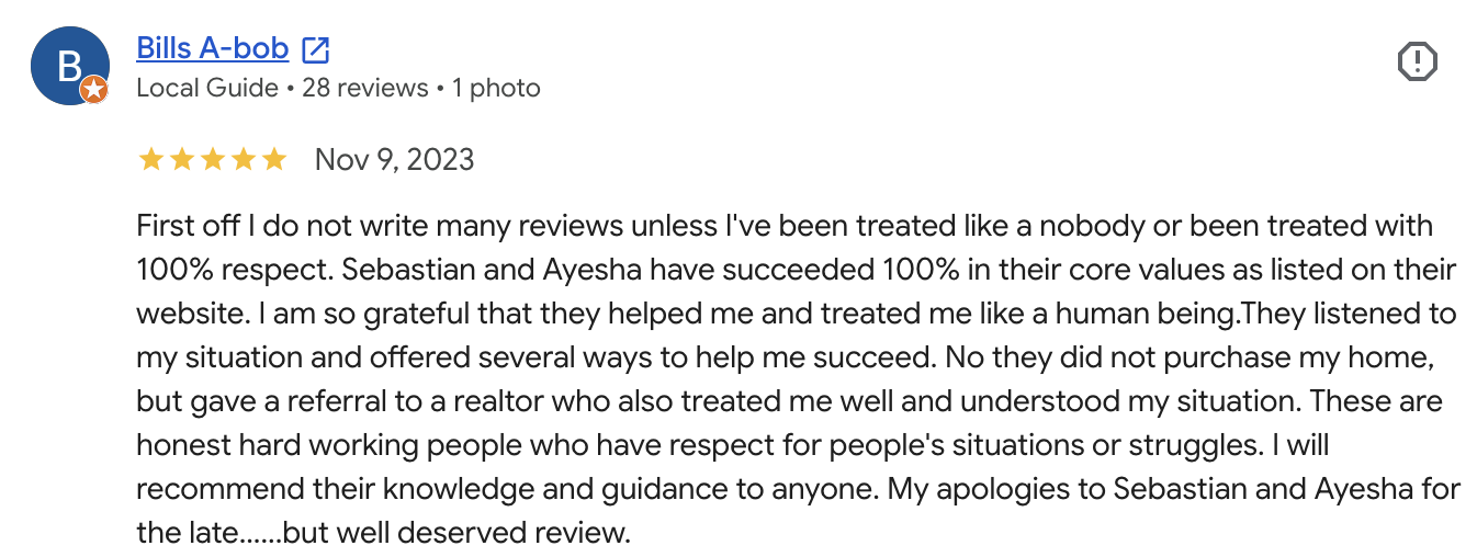 Verified Google review of Saskatchewan Property Buyers