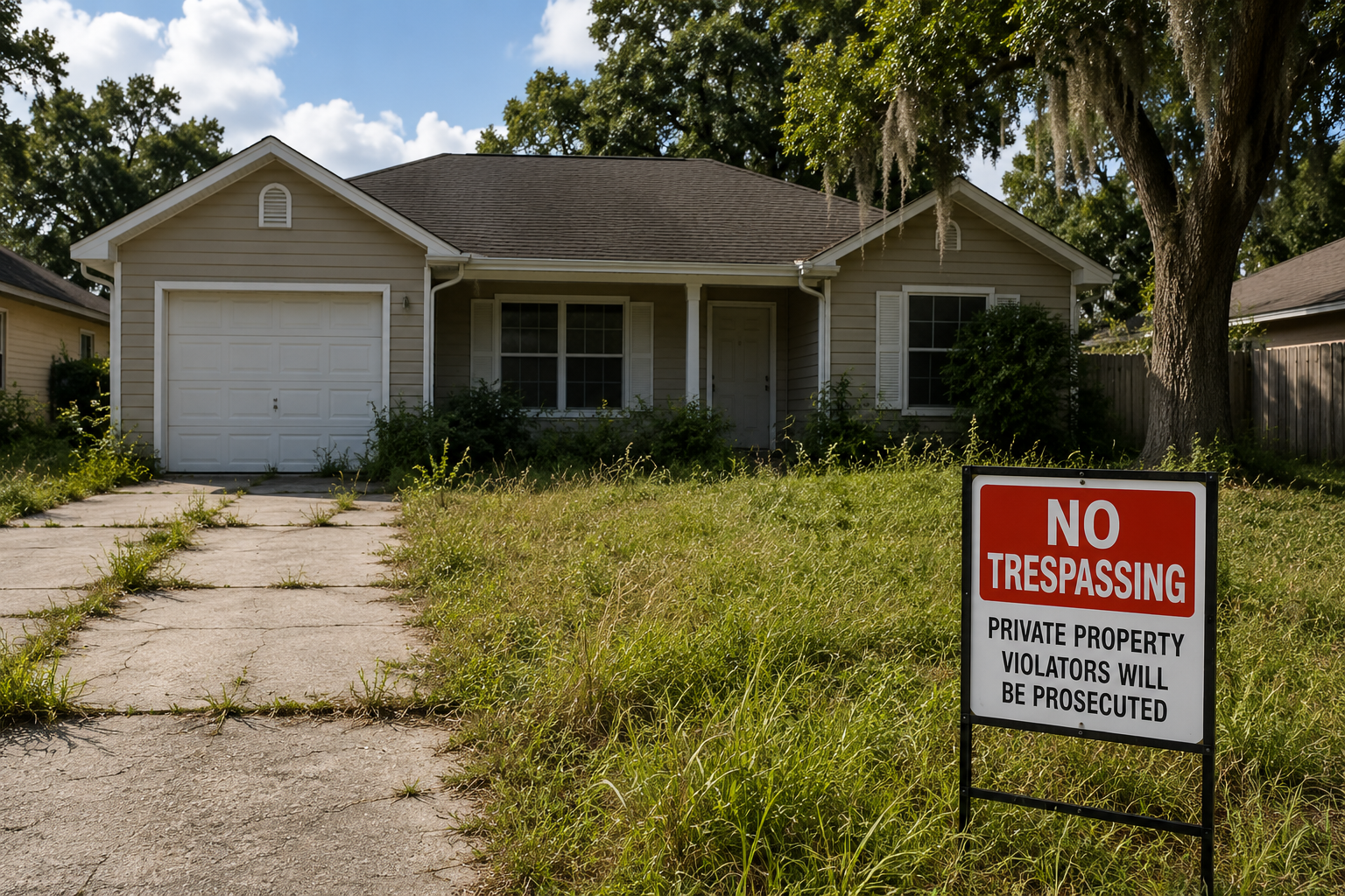 Vacant house during probate in Florida with No Trespassing sign