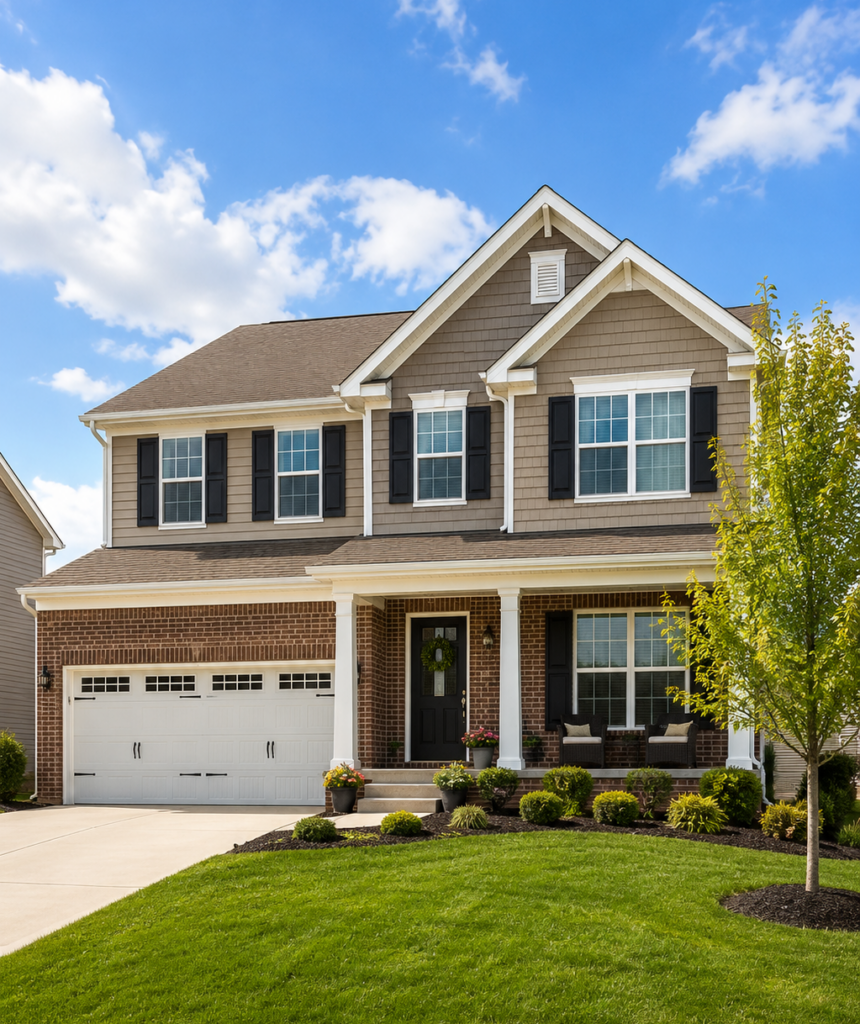 Two-story brick home with a front porch and green lawn