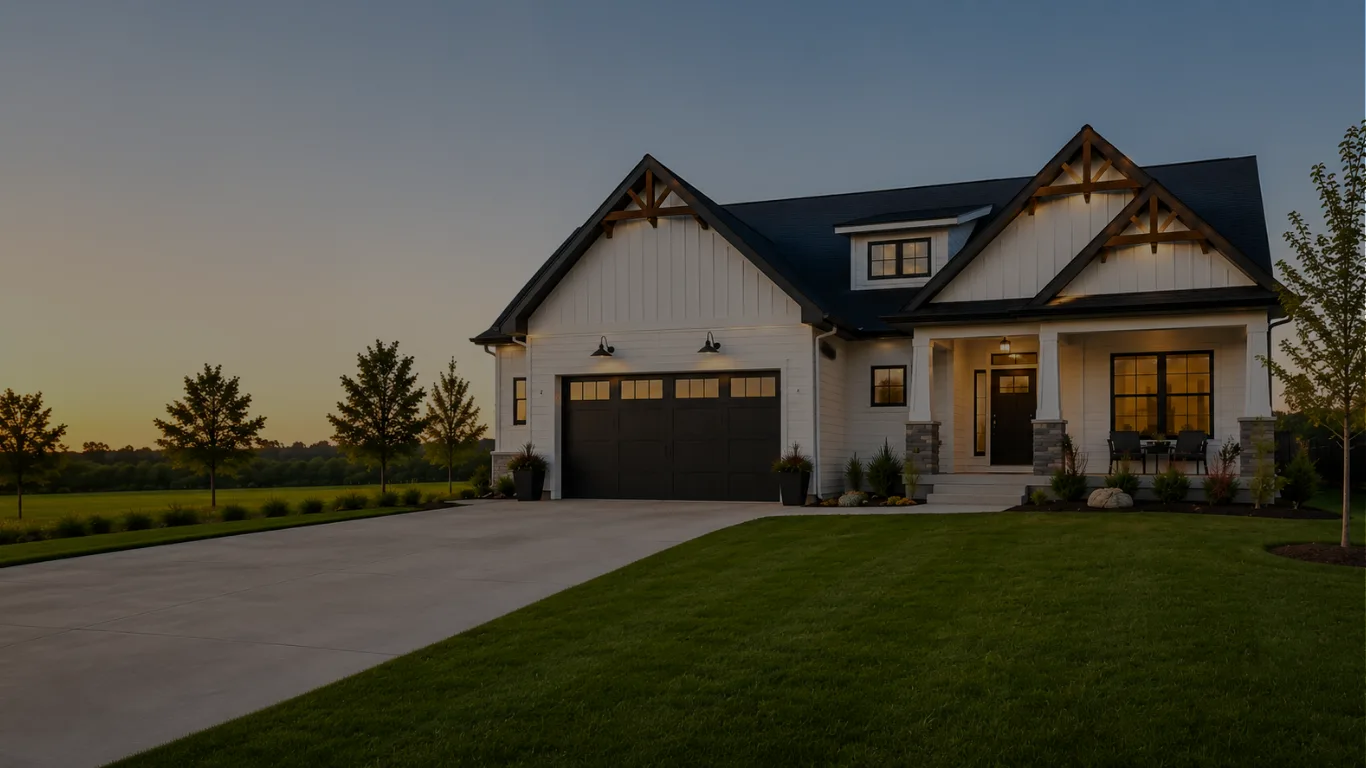 Single-family home with a large front lawn at dusk