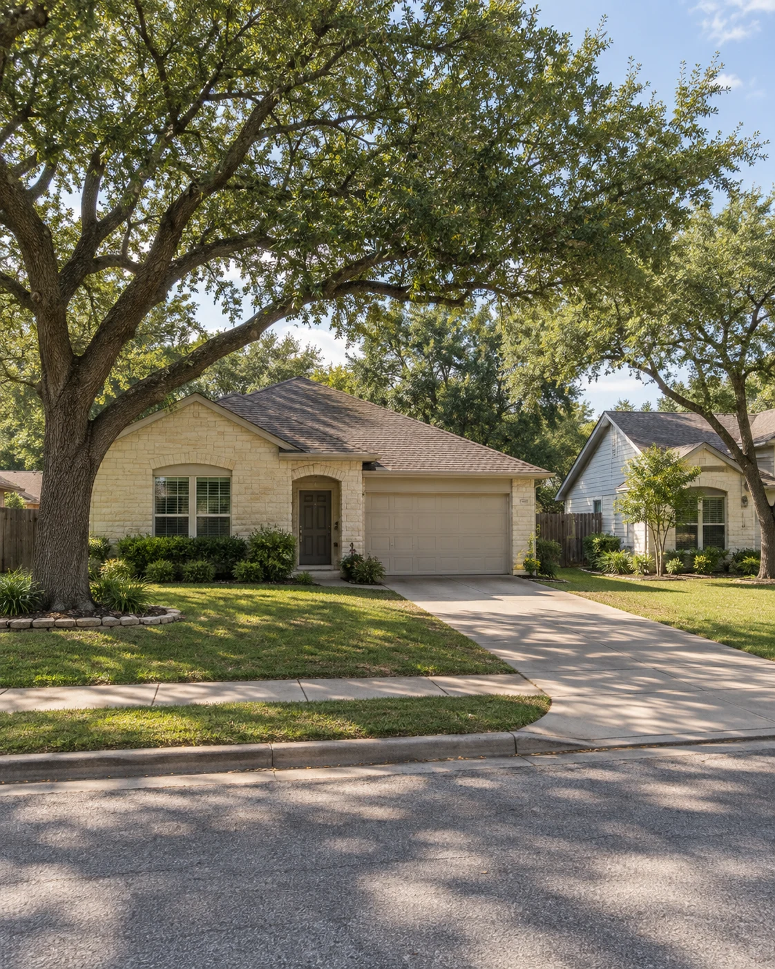 AI-generated illustration of a Central Texas residential neighborhood with modest limestone and light-sided homes under mature live oaks
